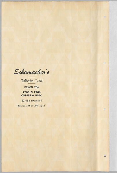 Schumacher's Taliesin Line of Decorative Fabrics and Wallpapers Designed by Frank Lloyd Wright, Frank Lloyd Wright (American, Richland Center, Wisconsin 1867–1959 Phoenix, Arizona), Book (a) together with a conforming masonite authorized dealer sign (b), American