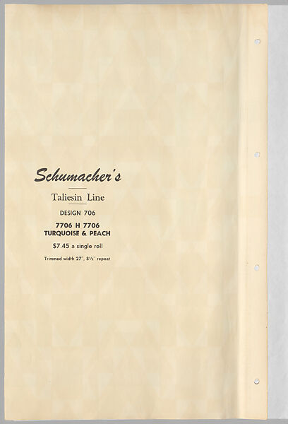 Schumacher's Taliesin Line of Decorative Fabrics and Wallpapers Designed by Frank Lloyd Wright, Frank Lloyd Wright (American, Richland Center, Wisconsin 1867–1959 Phoenix, Arizona), Book (a) together with a conforming masonite authorized dealer sign (b), American