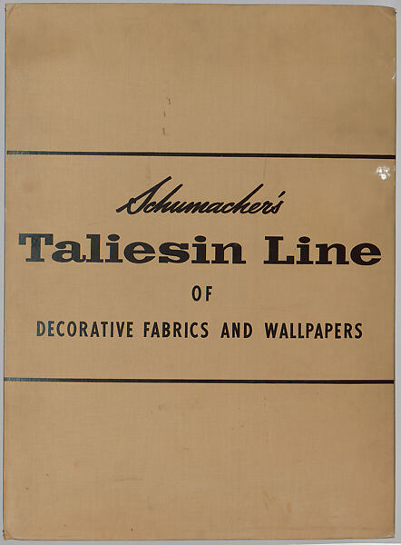 Schumacher's Taliesin Line of Decorative Fabrics and Wallpapers Designed by Frank Lloyd Wright, Frank Lloyd Wright (American, Richland Center, Wisconsin 1867–1959 Phoenix, Arizona), Book (a) together with a conforming masonite authorized dealer sign (b), American