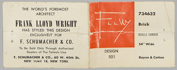 Schumacher's Taliesin Line of Decorative Fabrics and Wallpapers Designed by Frank Lloyd Wright, Frank Lloyd Wright (American, Richland Center, Wisconsin 1867–1959 Phoenix, Arizona), Book (a) together with a conforming masonite authorized dealer sign (b), American