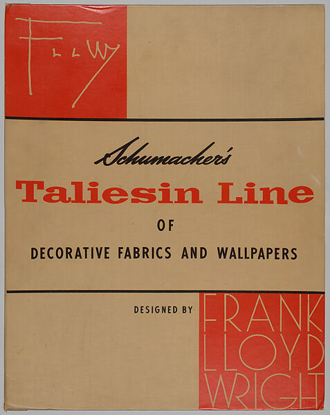 Schumacher's Taliesin Line of Decorative Fabrics and Wallpapers Designed by Frank Lloyd Wright, Frank Lloyd Wright (American, Richland Center, Wisconsin 1867–1959 Phoenix, Arizona), Book (a) together with a conforming masonite authorized dealer sign (b), American 