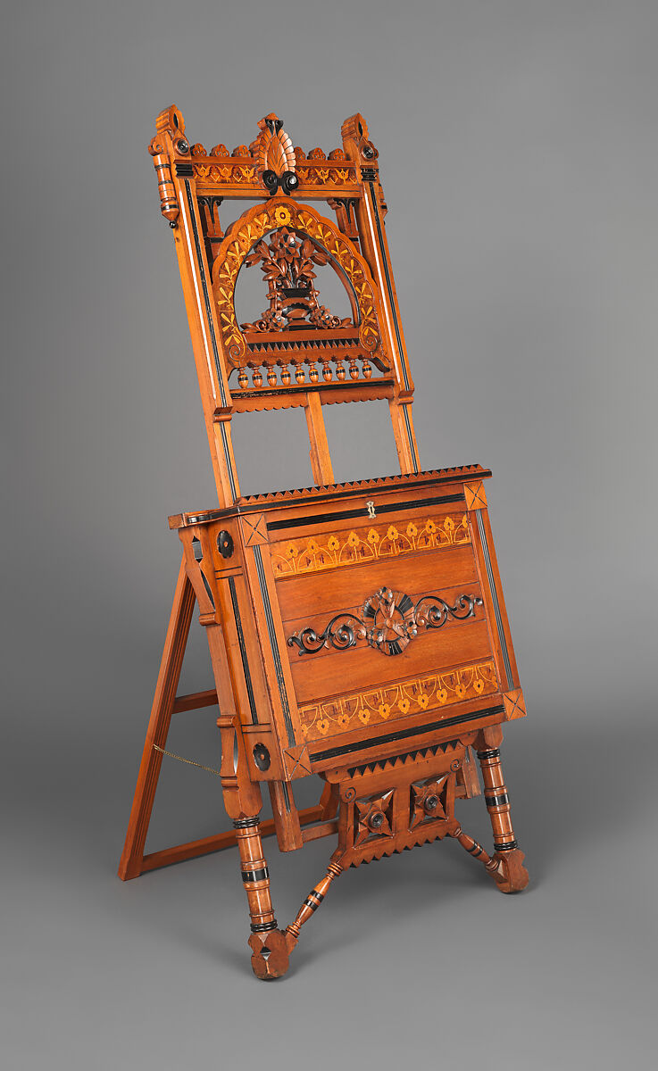 Easel and Portfolio Stand, Walnut, ebonized wood, marquetry of lighter woods, brass, American