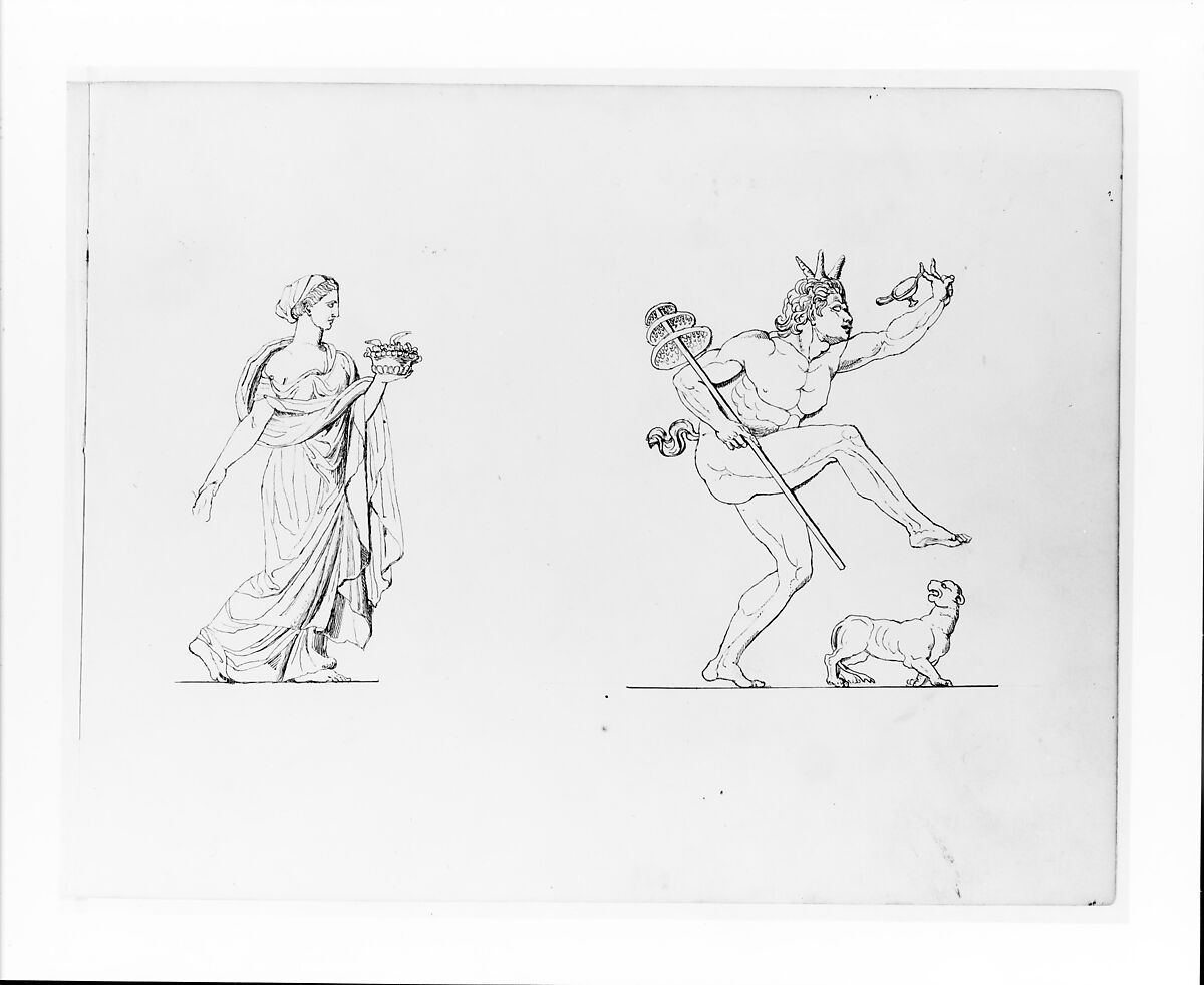 Classical Female Figure; Satyr and Dog (from Sketchbook), John Quincy Adams Ward (American, Urbana, Ohio 1830–1910 New York), Pen and brown (possibly iron-gall) ink on smooth off-white wove paper, American 