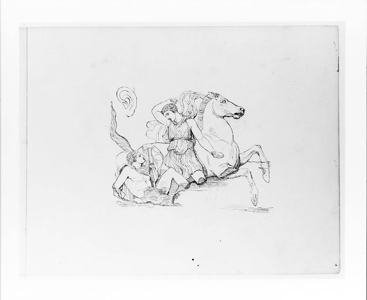 Two Male Figures with a Horse (after the Parthenon Frieze?) (from Sketchbook), John Quincy Adams Ward (American, Urbana, Ohio 1830–1910 New York), Graphite on paper, American 