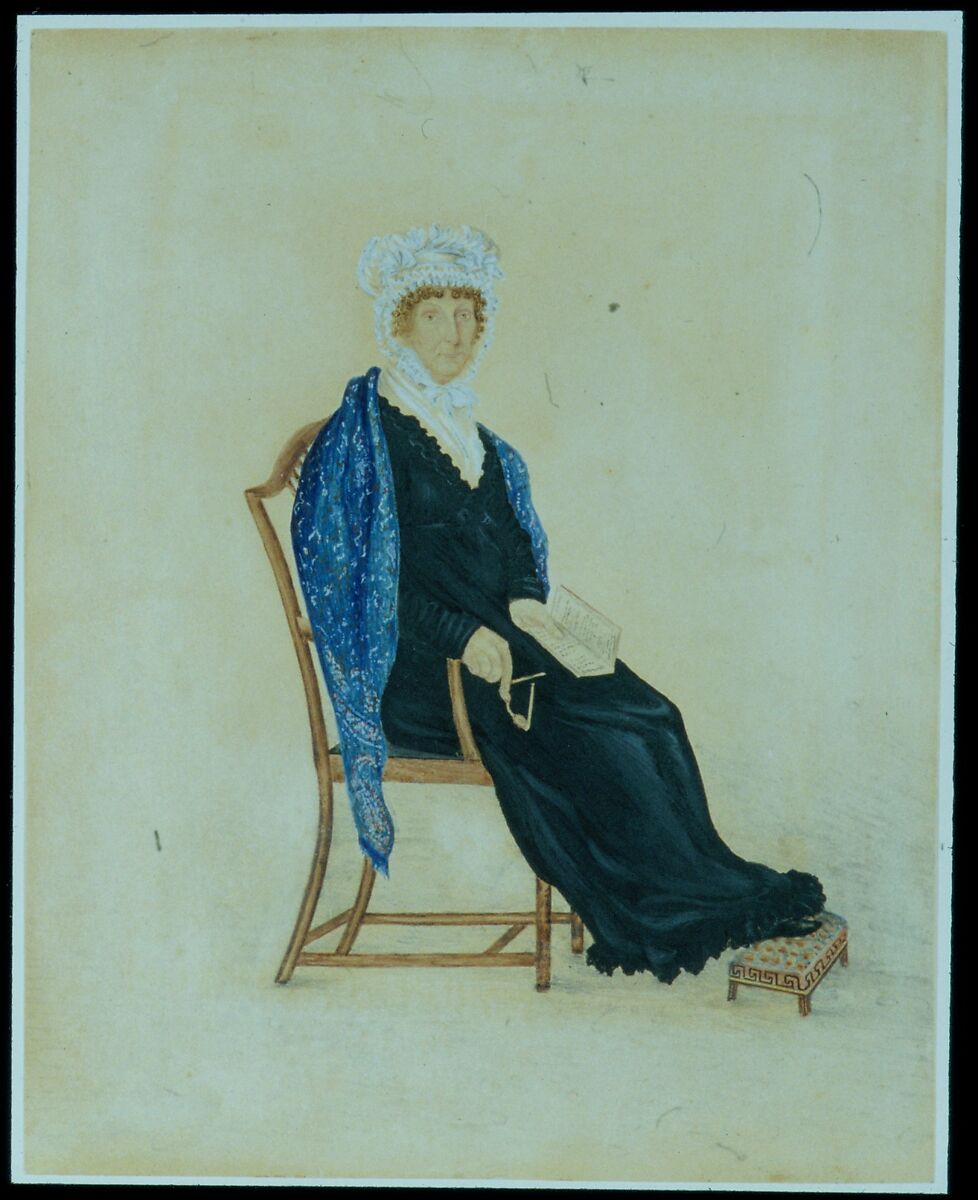 Portrait of Mrs. Crofts, Watercolor, graphite, gum arabic, shee (liquid) gold, and gouache on off-white (now oxidized) wove paper, American