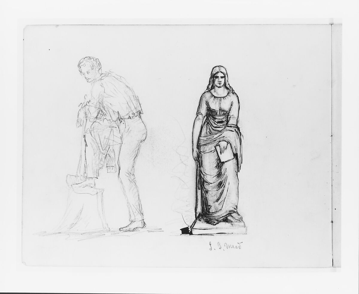 Full-length Sketch of a Male Figure; Study of a Sculpture of a Female Figure (Possibly by L. G. Mead?) (from Sketchbook), John Quincy Adams Ward (American, Urbana, Ohio 1830–1910 New York), Graphite on paper, American 