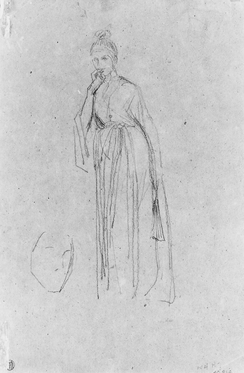 Woman with a Fan; Sketch of a Head, James McNeill Whistler (American, Lowell, Massachusetts 1834–1903 London), Conté crayon and white chalk on brown wove paper, American