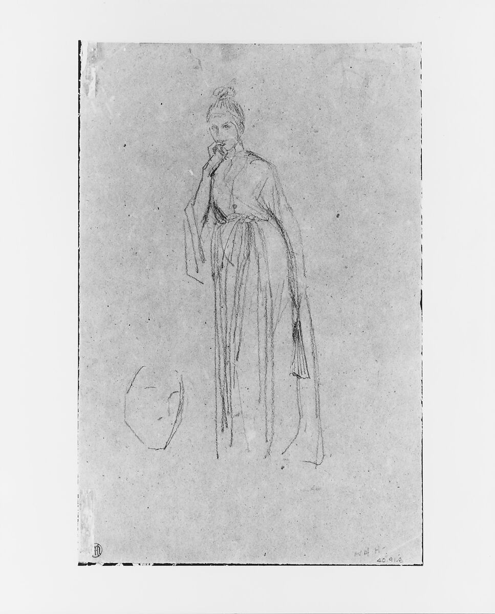 Woman with a Fan; Sketch of a Head, James McNeill Whistler (American, Lowell, Massachusetts 1834–1903 London), Conté crayon and white chalk on brown wove paper, American 