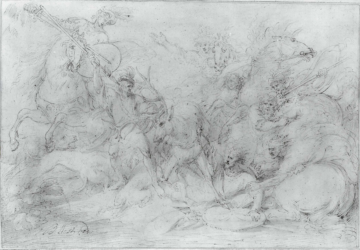 Study for "Alexander III, King of Scotland, Saved from a Stag by Colin Fitzgerald", Benjamin West (American, Swarthmore, Pennsylvania 1738–1820 London), Pen and brown ink, brown ink washes, black chalk, and graphite on off-white (now oxidized) laid paper., American 