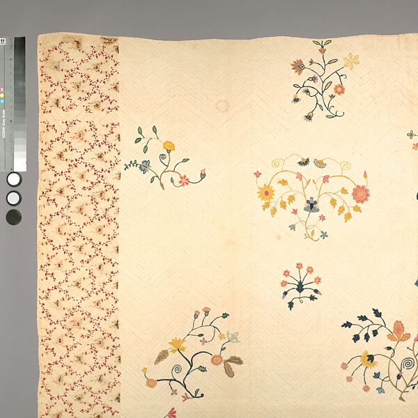 Embroidered quilt, Mildred, Linen embroidered with wool, cotton border, American
