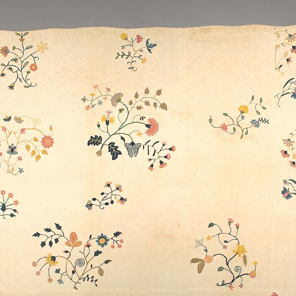 Embroidered quilt, Mildred, Linen embroidered with wool, cotton border, American