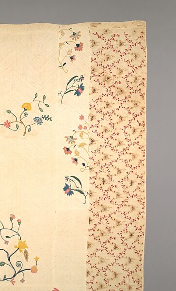 Embroidered quilt, Mildred, Linen embroidered with wool, cotton border, American