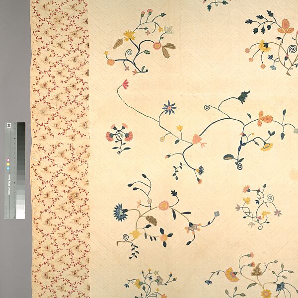 Embroidered quilt, Mildred, Linen embroidered with wool, cotton border, American
