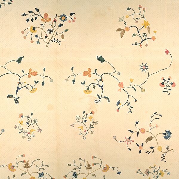 Embroidered quilt, Mildred, Linen embroidered with wool, cotton border, American