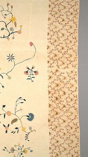 Embroidered quilt, Mildred, Linen embroidered with wool, cotton border, American