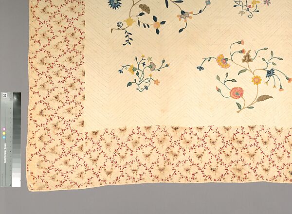 Embroidered quilt, Mildred, Linen embroidered with wool, cotton border, American