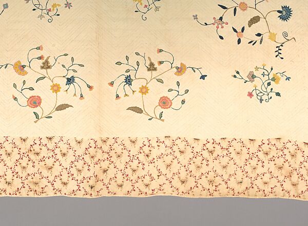 Embroidered quilt, Mildred, Linen embroidered with wool, cotton border, American