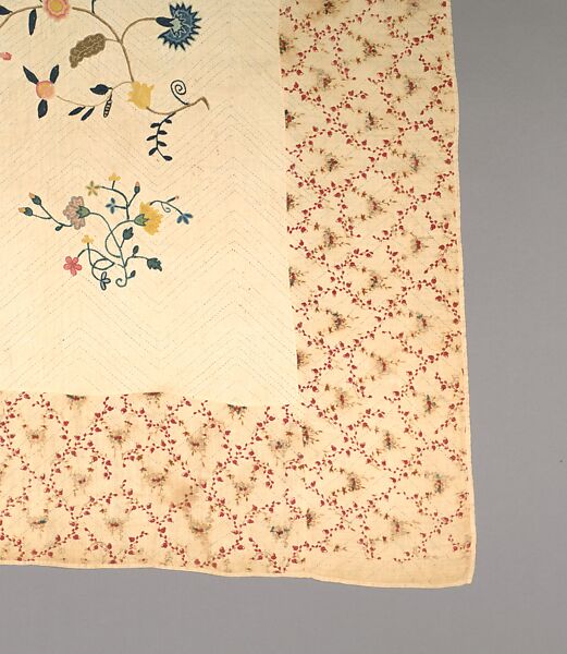 Embroidered quilt, Mildred, Linen embroidered with wool, cotton border, American