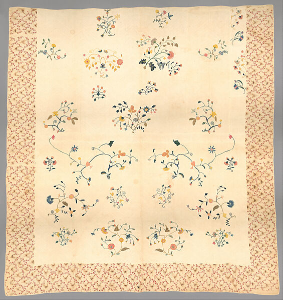 Embroidered quilt, Mildred, Linen embroidered with wool, cotton border, American 