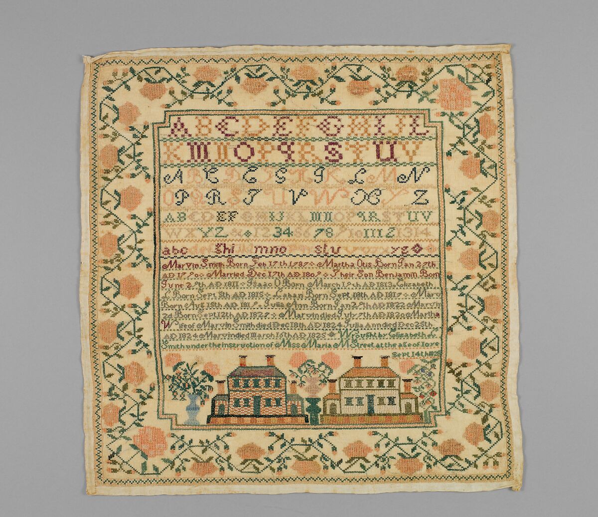 Embroidered sampler, Elizabeth L. Smith (1815–1841), Embroidered silk on cotton, American 