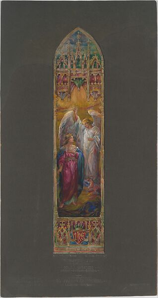 The Annunciation, “Suggestion for Window”, Louis C. Tiffany (American, New York 1848–1933 New York), Watercolor, gouache, graphite, and ink on artist board in original shaped black window matt, American 