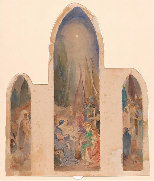 Design for Chancel Wall, Christ Church, Cobble Hill, Brooklyn, New York, Possibly Louis C. Tiffany (American, New York 1848–1933 New York), Transparent and opaque watercolor, and graphite on paper mounted on paperboard with painted window mat, American