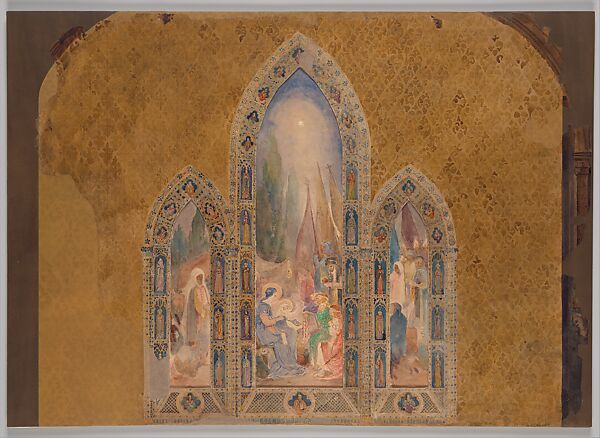Adoration of the Magi, Louis C. Tiffany (American, New York 1848–1933 New York), Watercolor, gouache, pen and ink, and graphite on pebble finish matt board in original decorated matt with shaped tracery window openings, American 