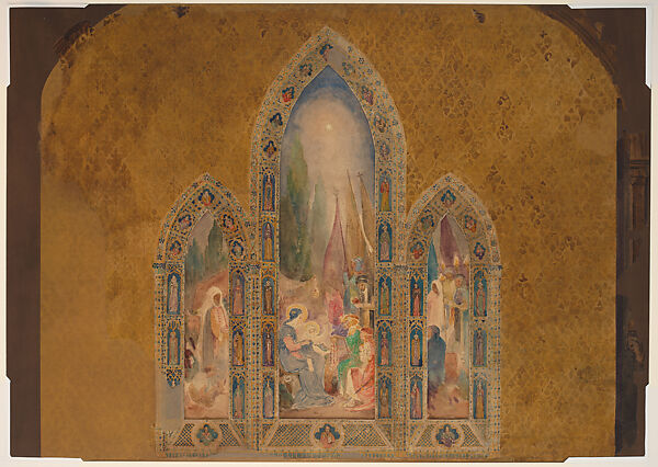 Design for Chancel Wall, Christ Church, Cobble Hill, Brooklyn, New York, Possibly Louis C. Tiffany (American, New York 1848–1933 New York), Transparent and opaque watercolor, and graphite on paper mounted on paperboard with painted window mat, American