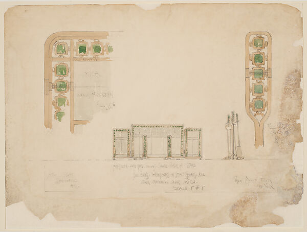 Design for fireplace objects, Louis C. Tiffany (American, New York 1848–1933 New York), Watercolor and graphite on off-white wove paper, American