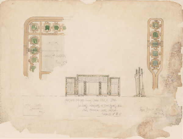 Design for fireplace objects, Louis C. Tiffany (American, New York 1848–1933 New York), Watercolor and graphite on off-white wove paper, American 
