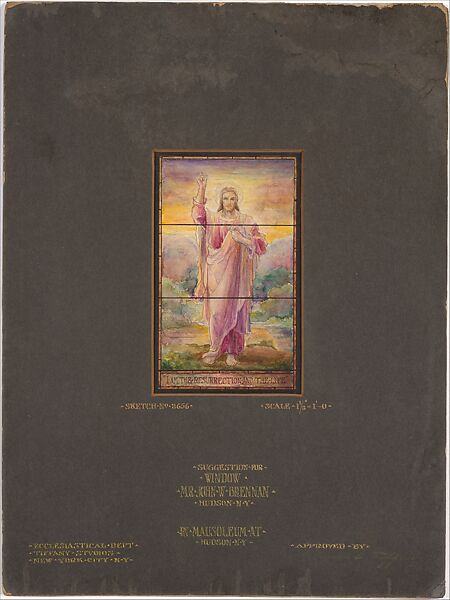 Suggestion for Window, “I Am the Resurrection and the Life”, Louis C. Tiffany (American, New York 1848–1933 New York), Watercolor, black India ink, and graphite on artist board with original dark gray window matt, American 