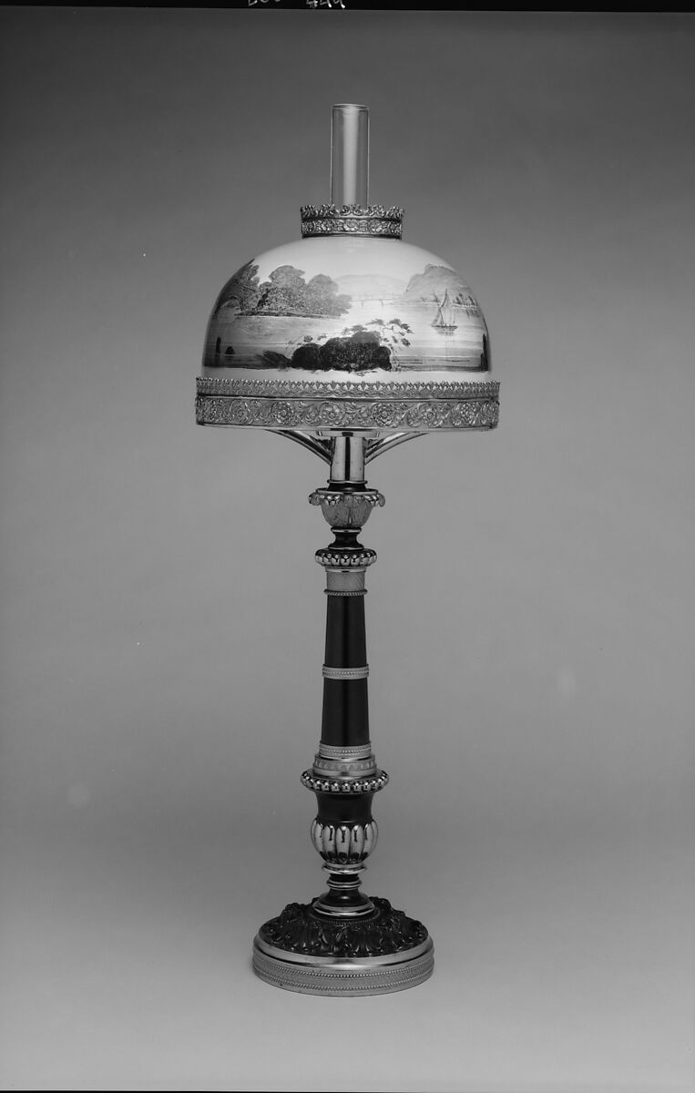 Lamp, J. &amp; I. Cox (1818–1853), Gilt bronze and brass, with blown glass half-dome shade