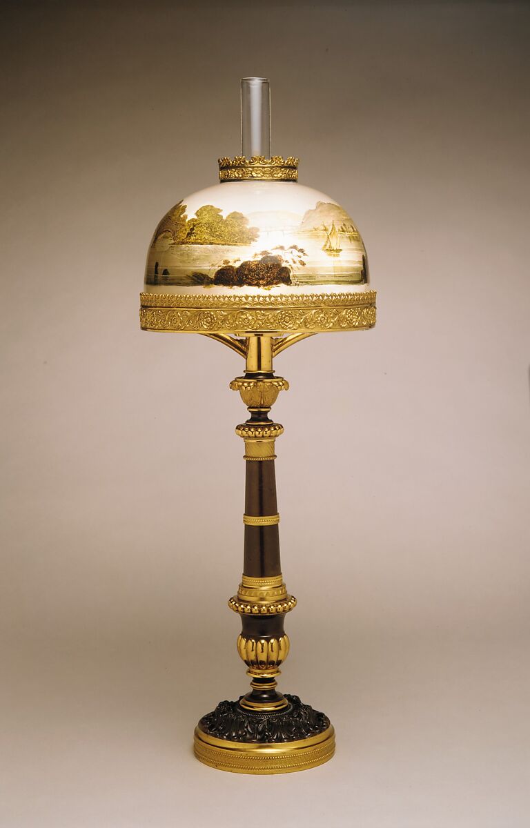 Lamp, J. &amp; I. Cox (1818–1853), Gilt bronze and brass, with blown glass half-dome shade 