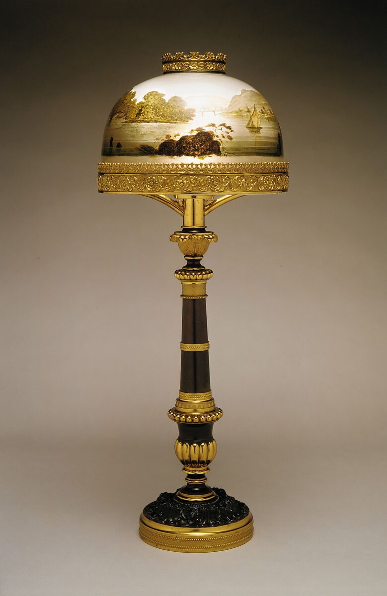 Lamp, J. &amp; I. Cox (1818–1853), Gilt bronze and brass, with blown glass half-dome shade