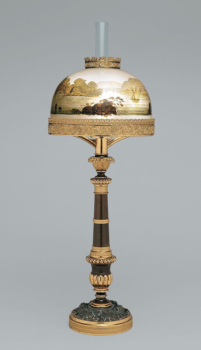 Lamp, J. &amp; I. Cox (1818–1853), Gilt bronze and brass, with blown glass half-dome shade