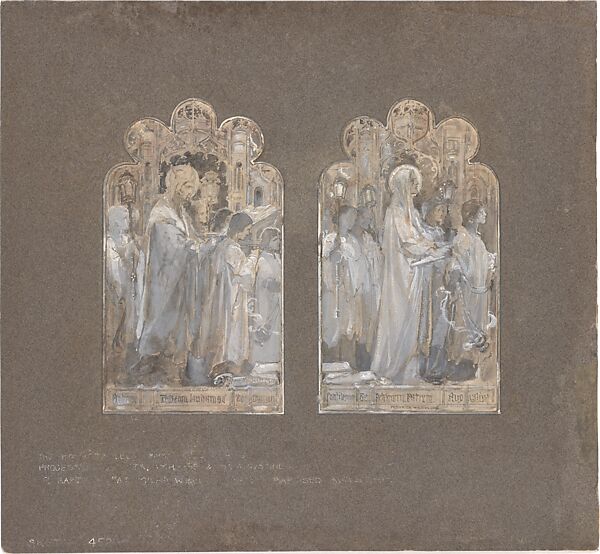 Design for two windows, "Te Deum Laudamus", Frederick Wilson  American, born Ireland, Watercolor and gouache in grisaille, pen and white ink, and graphite, American