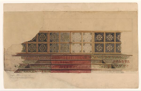 Design for a chancel rail, Louis C. Tiffany (American, New York 1848–1933 New York), Watercolor, metallic ink, and graphite on tracing paper on buff paper board, American 