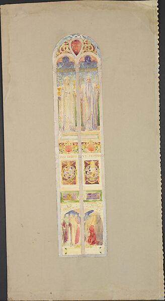 Design for single light window, Louis C. Tiffany (American, New York 1848–1933 New York), Watercolor, gouache, and graphite on light-weight off-white wove paper mounted on warm grey paper-faced board on warm grey secondary support, American 