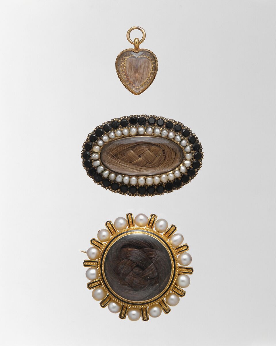 Locket, Gold, hair, and crystal, American