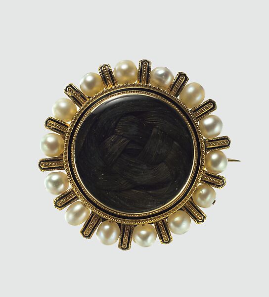 Brooch, Tiffany &amp; Co. (1837–present), Gold, pearls, black enamel, and hair, American 