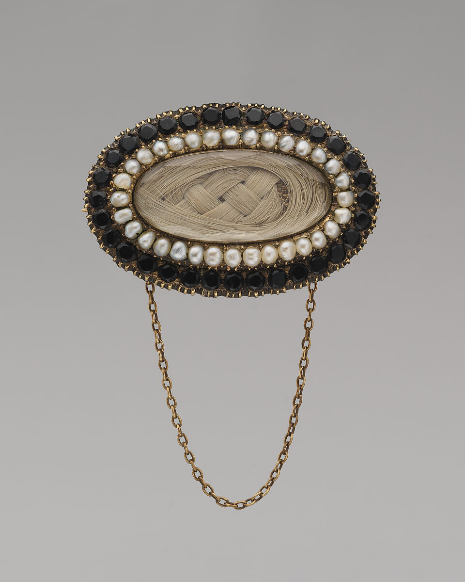 Brooch, Gold, jet, pearls, crystal, and hair, American