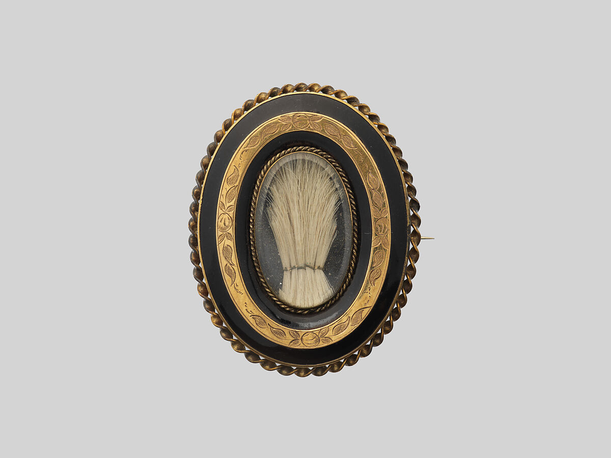 Brooch, Gold, jet, crystal, and hair, American 