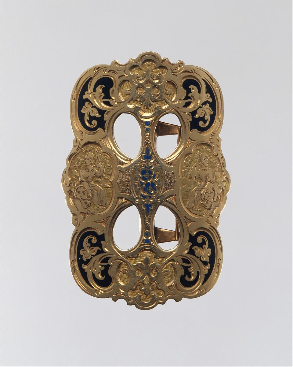 Belt Buckle, Manufactured by California Jewelry Co., Gold and champlevé enamel 