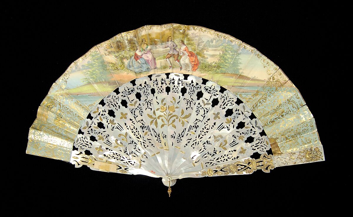 Fan, Mother-of-pearl, paper, metal, metallic, possibly Italian