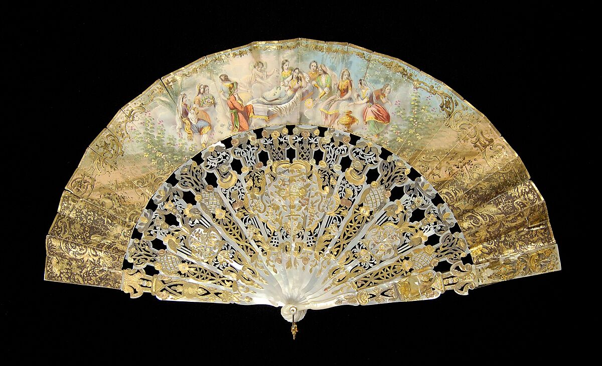 Fan, Mother-of-pearl, paper, metal, metallic, possibly Italian 