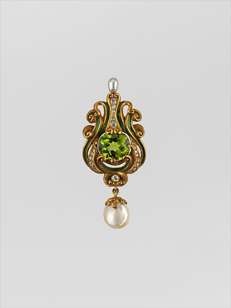 Brooch, Marcus and Co. (American, New York, 1892–1942), Gold, peridot, diamonds, pearls, and enamel, American 