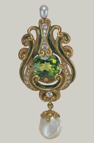 Brooch, Marcus and Co. (American, New York, 1892–1942), Gold, peridot, diamonds, pearls, and enamel, American