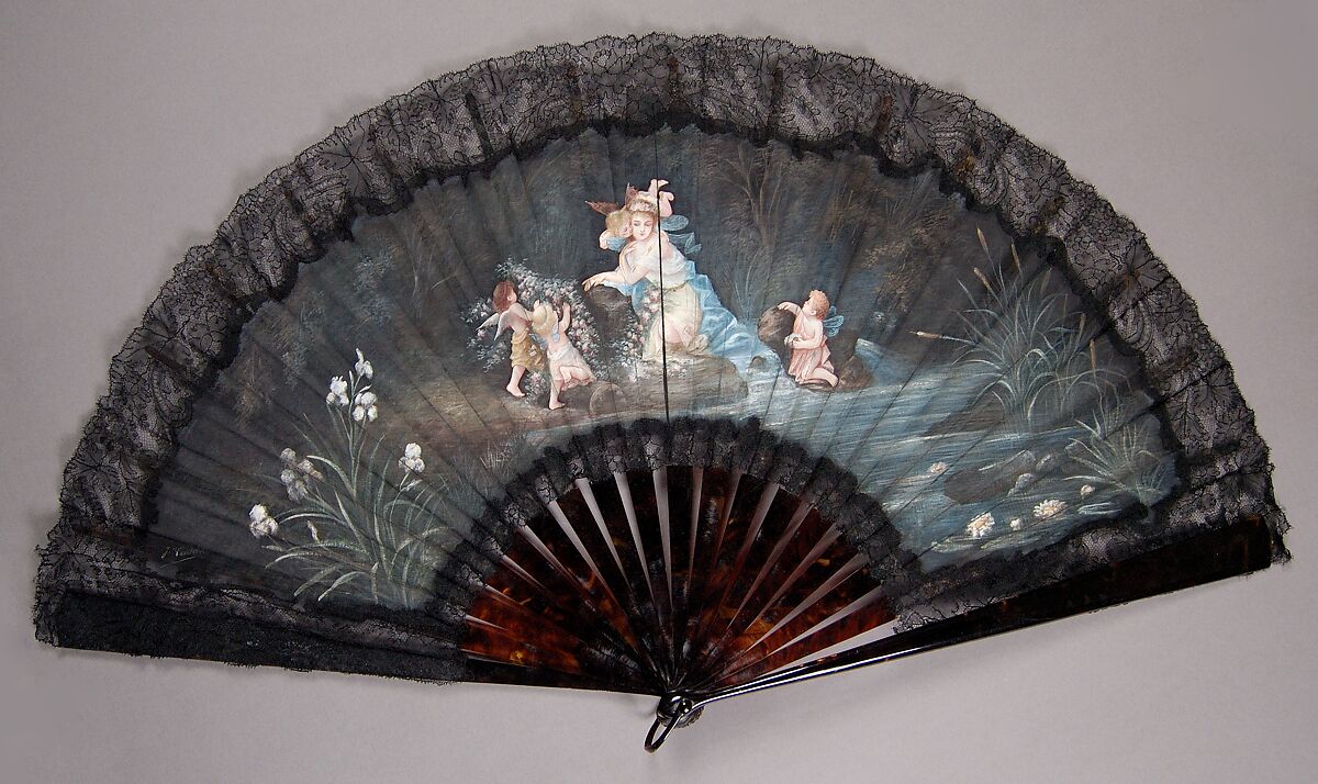 Fan, Tortoiseshell, silk, French 