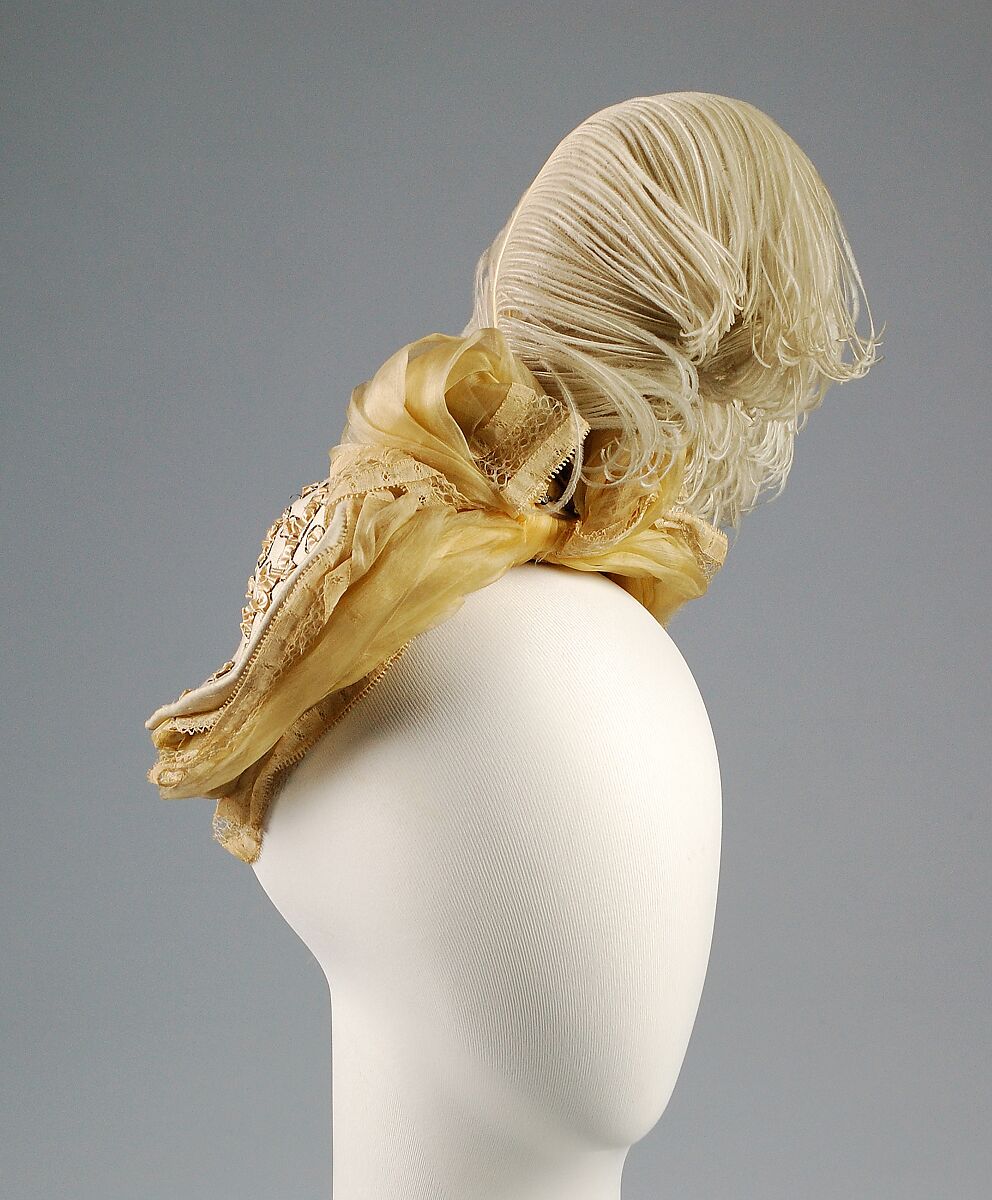 Bonnet, Berthe (French), Wool, silk, feather, linen, metallic, French 
