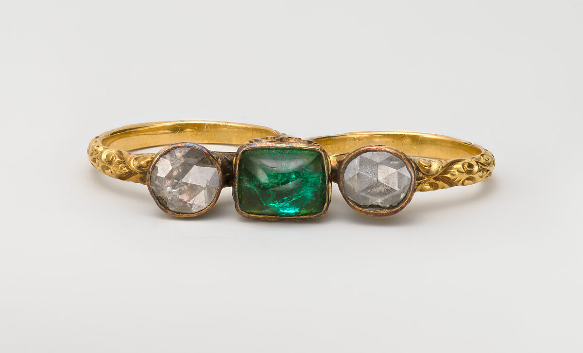 Double Ring, Marcus and Co. (American, New York, 1892–1942), Gold, diamonds, and emerald, American